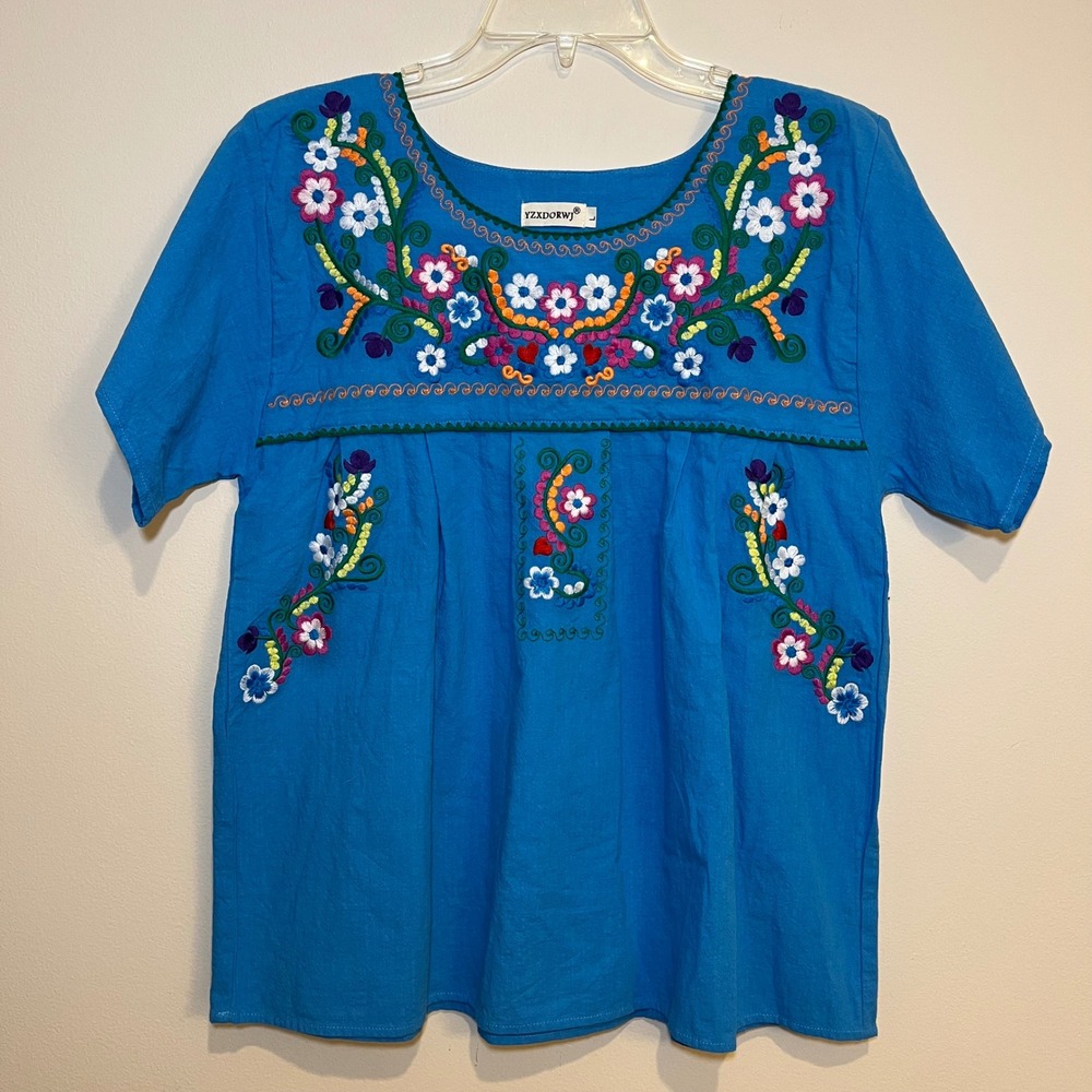 YZXDORWJ Shirt Blue Floral Embroidered Top Short Sleeve Large Mexican Boho